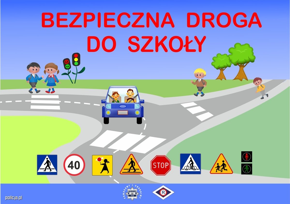 Grafika z napisem Bezpieczna droga do szkoły. Dziewczynka i chłopiec stojący na przejściu dla pieszych.