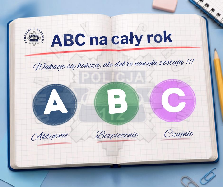 Napis: ABC na cały rok - wakacje się kończą, ale dobre nawyki zostają. A - aktywnie, B-bezpiecznie, C-czujnie.