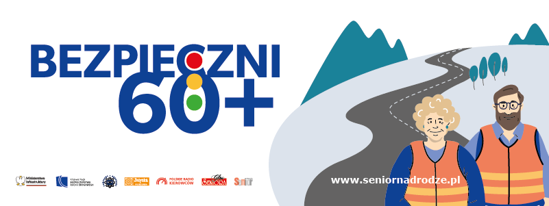 Grafika z logiem akcji Bezpieczni 60+. Po prawej stronie Seniorka i senior, za nimi w tle wijąca się droga, kilka drzew i wzgórza.