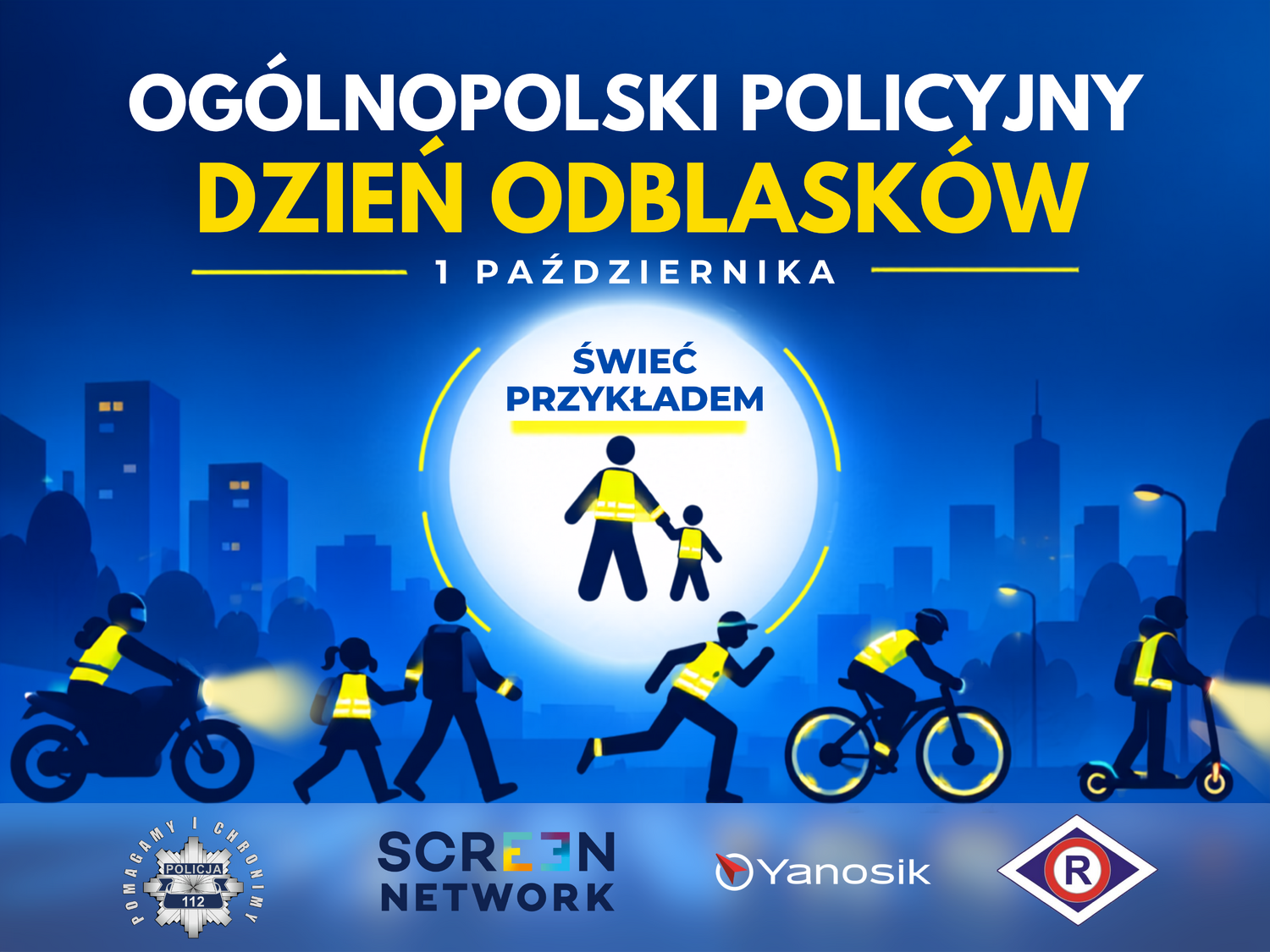 Grafika z napisem: dzien odblasków 1 października, świeć przykładem oraz postaci pieszych, rowerzystów, osoby na hulajnodze i motocyklu.