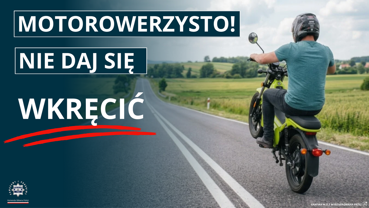 Motorowerzysta na jezdni a obok napis: motorowerzysto - nie daj się wkręcić.