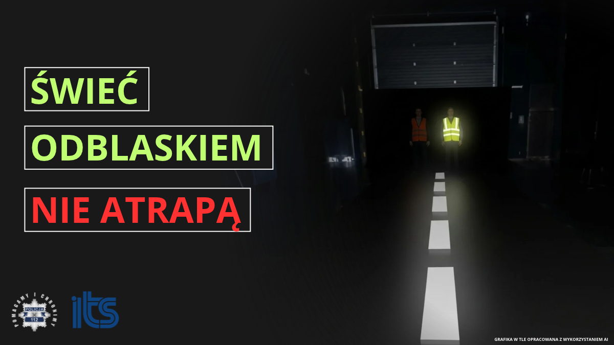 Po lewej stronie napis: Swiec odblaskiem nie atrapą. Po prawej stronie w ciemnym pomieszeniu na podłodze namalowana przerywana biała linia. W gębi stoją dwie osoby w odblaskowych kamizelkach.
