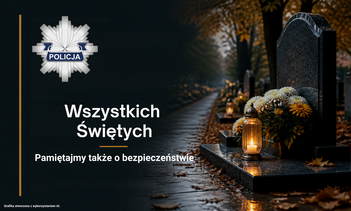 Grafika z napisem: Wszystkich Świętych. Pamiętajmy także o bezpieczeństwie. W tle pomnik na cmentarzu, na którym stoi palący się znicz oraz stoja kwiaty.