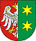 Herb województwa lubuskiego: połowa srebrnego orła na czerwonym polu oraz dwie sześcioramienne złote gwiazdy na zielonym polu