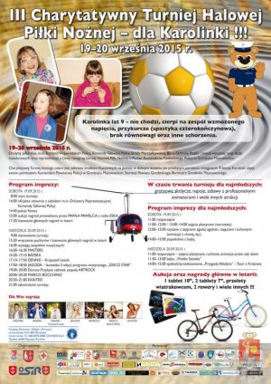 Plakat informujący o Charytatywnym Turnieju Halowej Piłki Nożnej – dla Karolinki