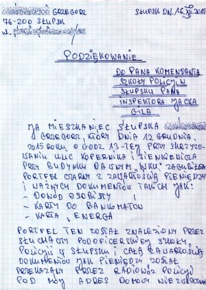 List mieszkańca Słupska z podziękowaniami za postawę młodych policjantów.