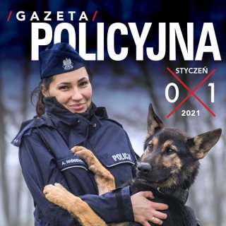 Okładka styczniowego numeru Gazety Policyjnej, centralnym elementem jest policjantka z psem.