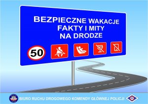napis bezpieczne wakacje fakty i mity poniżej 5 znaków drogowych oraz napis biuro ruchu drogowego komendy głównej policji