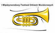 napis I Międzynarodowy Festiwal Orkiestr Mundurowych poniżej napisu grafika przedstawiająca żółtą trąbkę