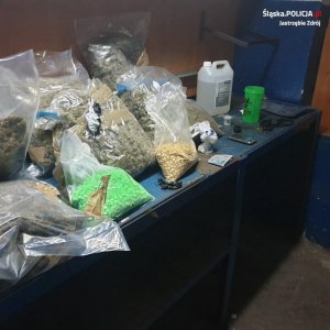 Zdjęcie kolorowe, przedstawiające zabezpieczone narkotyki w woreczkach i inne preparaty w plastikowych pojemnikach
