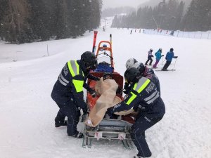 Polscy i włoscy policjanci zabezpieczają osobę na saniach ratowniczych.