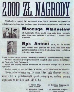 fragment publikacji w ówczesnej gazecie na temat nagrody w wysokości 2000 zł wyznaczonej przez policję za wskazanie miejsca ukrywania się Maczugi Władysława i Byka Antoniego