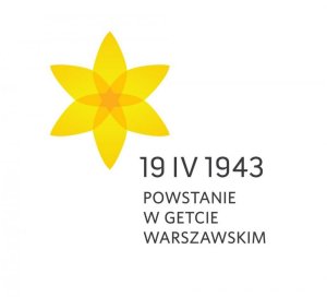 grafika przedstawiająca stylizowanego żonkila oraz napis 19 IV 1943 powstanie w getcie warszawskim
