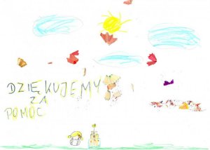rysunek przedstawia niebo z chmurami, słońcem i latające ptaki oraz dziewczynkę z tortem. Po lewej stronie napis dziękujemy za pomoc