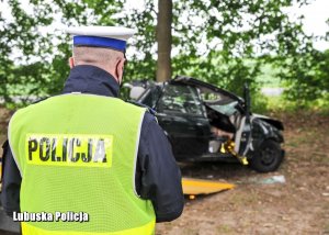 policjant w mundurze i kamizelce z napisem Policja na miejscu wypadku, z tyłu wrak rozbitego auta