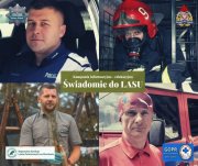 „Świadomie do Lasu” - kampania informacyjno-edukacyjna - na zdjęciu widać policjanta, strażaka, leśnika oraz ratownika GOPR