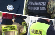 na zdjęciu widać plecy policjanta w kamizelce odblaskowej z napisem policja oraz funkcjonariuszy SOP-u, Straży Granicznej oraz Straży Pożarnej