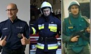 aspirant sztabowy Tomasz Muskała w mundurze policjanta, strażaka i żołnierza