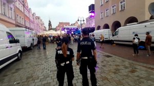 Dwoje policjantów w patrolu pieszym przemieszcza się chodnikiem, w tle tłum uczestników festiwalu.