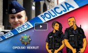 kadr z filmu, grafika przedstawia policjanta z policjantką w górnej lewej części przedzielonej taśmą z napisem Policja policjantka w czapce, na dole z lewej gwiazda policyjna z napisem policja i herbem województwa opolskiego