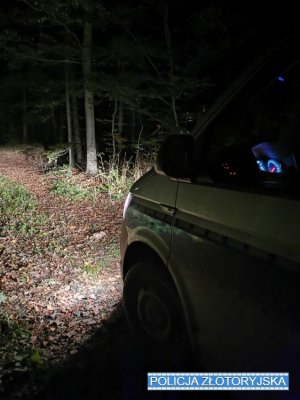 Na zdjęciu policyjny radiowóz przednimi światłami oświetla teren leśny.