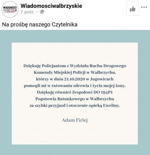 Podziękowania w formie screenu z portalu Wiadomosciwalbrzyskie.pl. Treść cyfrowa dostępna pod tekstem