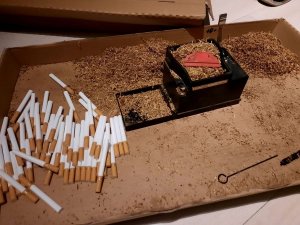 nielegalne papierosy leżące luzem na kartonie wokół resztki krajanki tytoniu i nabijarka do gliz