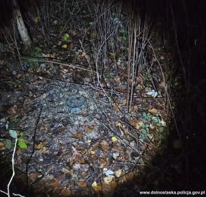 Na zdjęciu miejsce w lesie, w którym znaleziono narkotyki