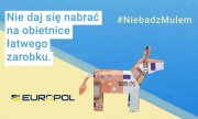 Napis: Nie daj się nabrać na obietnice łatwego zarobku #NiebadzMulem. Pod spodem logo Europolu i wykonany z banknotów euro muł