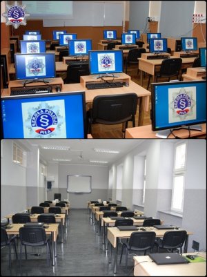 sala wykładowa z ławkami, krzesłami i komputerami