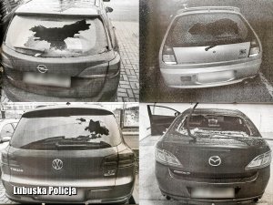 Czarno-białe zdjęcie przedstawiające auta osobowe z uszkodzonymi szybami