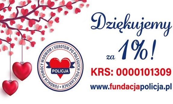 grafika z napisem Dziękujemy za 1%. KRS 0000101309 www.fundacjapolicja.pl. Z lewej strony grafiki znajduję się gałąź z listkami w kształcie serc