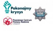 logo Powiatowego Centrum Pomocy Rodzinie w Oświęcimiu, logo programu Pokonajmy kryzy i gwiazda policyjna z napisem Policja Oświęcim