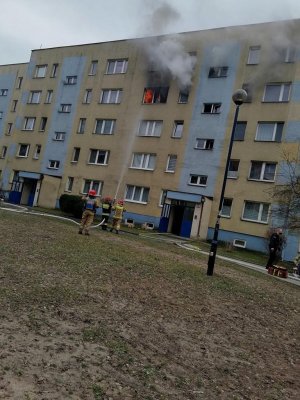 Zastępy PSP biorące udział w akcji gaśniczej mieszkania w oddali blok i dym wydostający się przez okno płonącego lokalu.