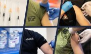 Na zdjęciu widoczne strzykawki, ampułki ze szczepionką firmy AstraZeneka oraz ramienia funkcjonariuszy: Służby Ochrony Państwa, Policji, Państwowej Straży Pożarnej oraz Straży Granicznej podczas szczepienia