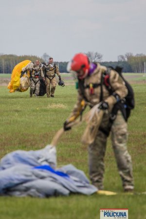 trzej funkcjonariusze BOA po lądowaniu ze spadochronem, jeden z nich zwija swój spadochron