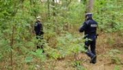 Zdjęcie kolorowe. W mocno zakrzewiony terenie leśnym widać dwóch umundurowanych policjantów