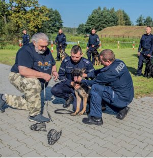 Tomasz Urbańczyk oraz grupa policjantów z psami policyjnymi na smyczach