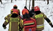 strażacy i policjant niosą mężczyznę na desce ratowniczej w głębi zaśnieżonego lasu