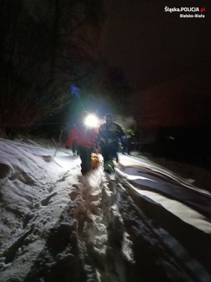 Ratownicy idą przez las. Zdjęcie wykonane w nocy zimą