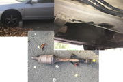 Trzy zdjęcia w jednym, od lewej podniesiony na cegle samochód, po prawej - miejsce po wycięciu katalizatora, na dole - leżący na asfalcie katalizator
