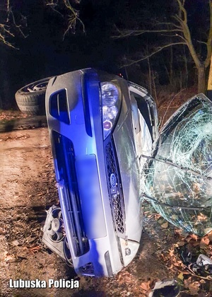 zdjęcie samochodu osobowego po zderzeniu z drzewem