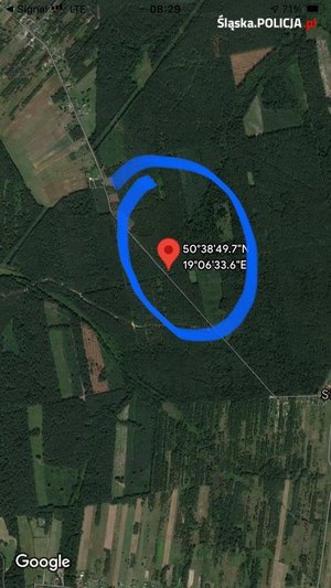 Mapa satelitarna z zaznaczonym miejscem poszukiwań