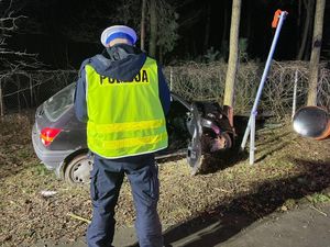 Policjant na miejscu wypadku, w tle rozbity pojazd który uderzył w drzewo