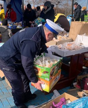 policjant trzymający pudło z żywnością