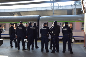 Grupa policjantów stoi na peronie