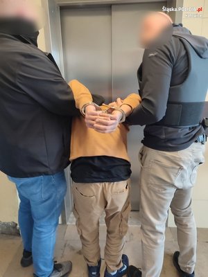 zdjęcie kolorowe: dwóch policjantów wydziału kryminalnego stojących przed drzwiami windy trzymający zatrzymanego, który ma założone kajdanki na ręce trzymane z tyłu