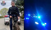 zdjęcie podzielone na dwie części. Z lewej strony widać policjantkę z psem, z prawej policyjny radiowóz na sygnałach nocną porą