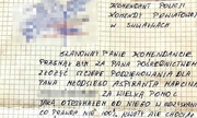 zdjęcie przedstawia fragment kartki z podziękowaniami dla policjanta. Podziękowania zostały napisane odręcznie na kartce w kratkę.