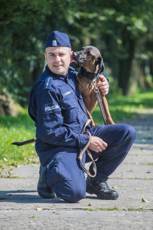 Policjant przyklęka na jedno kolano, pies służbowy liże go po uchu.